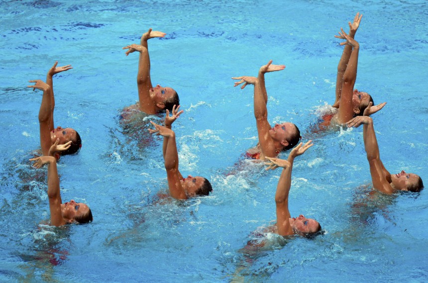 Competitors of team Poland perform in the women's synchronized swimming free combination final at the European Swimming Championships in Budapest