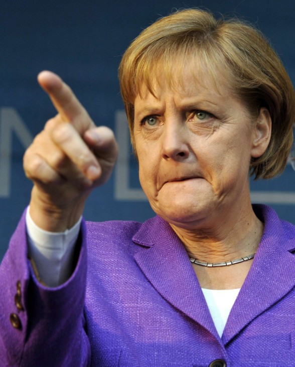 German Chancellor Merkel gestures during her election campaign tour through Germany in Koblenz