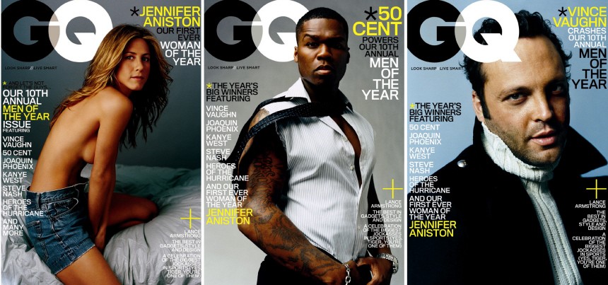 Jennifer Aniston, Vince Vaughn and 50 Cent on the cover of GQ Magazine