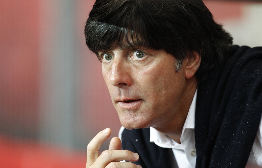 Germany's national soccer team coach Loew watches his team's warm-up before their international friendly soccer match against Denmark in Copenhagen