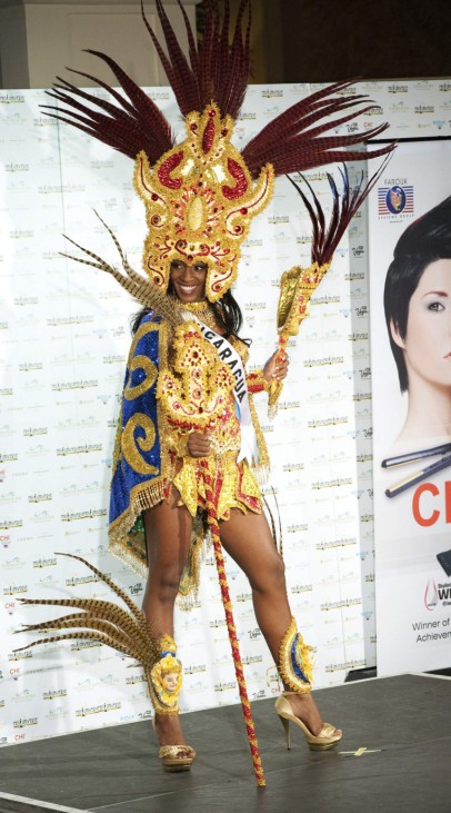 Miss Nicaragua Scharllette Allen Moses poses in her national costume at the Mandalay Bay Resort and Casino in Las Vegas