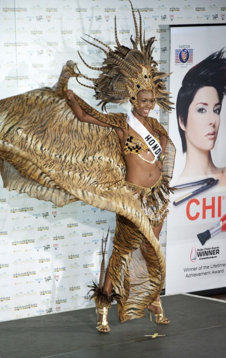 Miss Honduras Kenia Martinez poses in her national costume at the Mandalay Bay Resort and Casino in Las Vegas