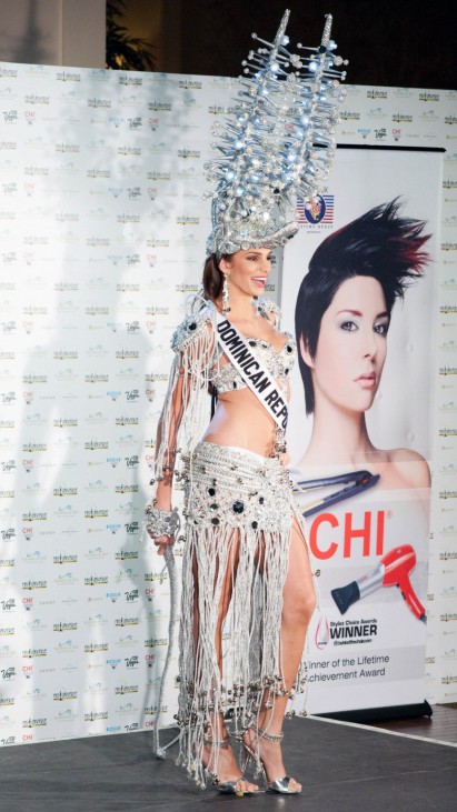 Miss Dominican Republic Eva Arias poses in her national costume at the Mandalay Bay Resort and Casino in Las Vegas