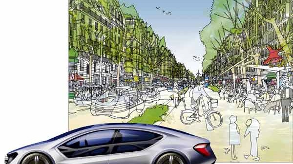 Elektroautos: Zukunftsmusik: So soll die Pariser City 2030 aussehen. Darunter: eine Elektroautostudie von Mercedes im C-Klasse-Format