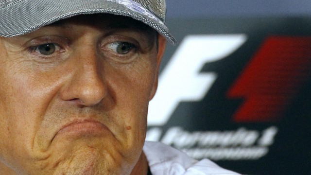 Mercedes Formula One driver Schumacher of Germany reacts during a news conference in Spa Francorchamps