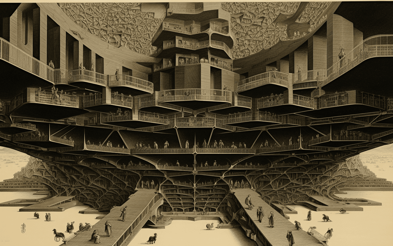 „Das Universum, das andere die Bibliothek nennen, setzt sich aus einer undefinierten, womöglich unendlichen Zahl sechseckiger Galerien zusammen...“ So beginnt Jorge Luis Borges’ Erzählung „Die Bibliothek von Babel", in der die Welt aus einer riesigen Ansammlung von Bücherregalen besteht. So hat die künstliche Intelligenz diese Vorstellung ausgerechnet.