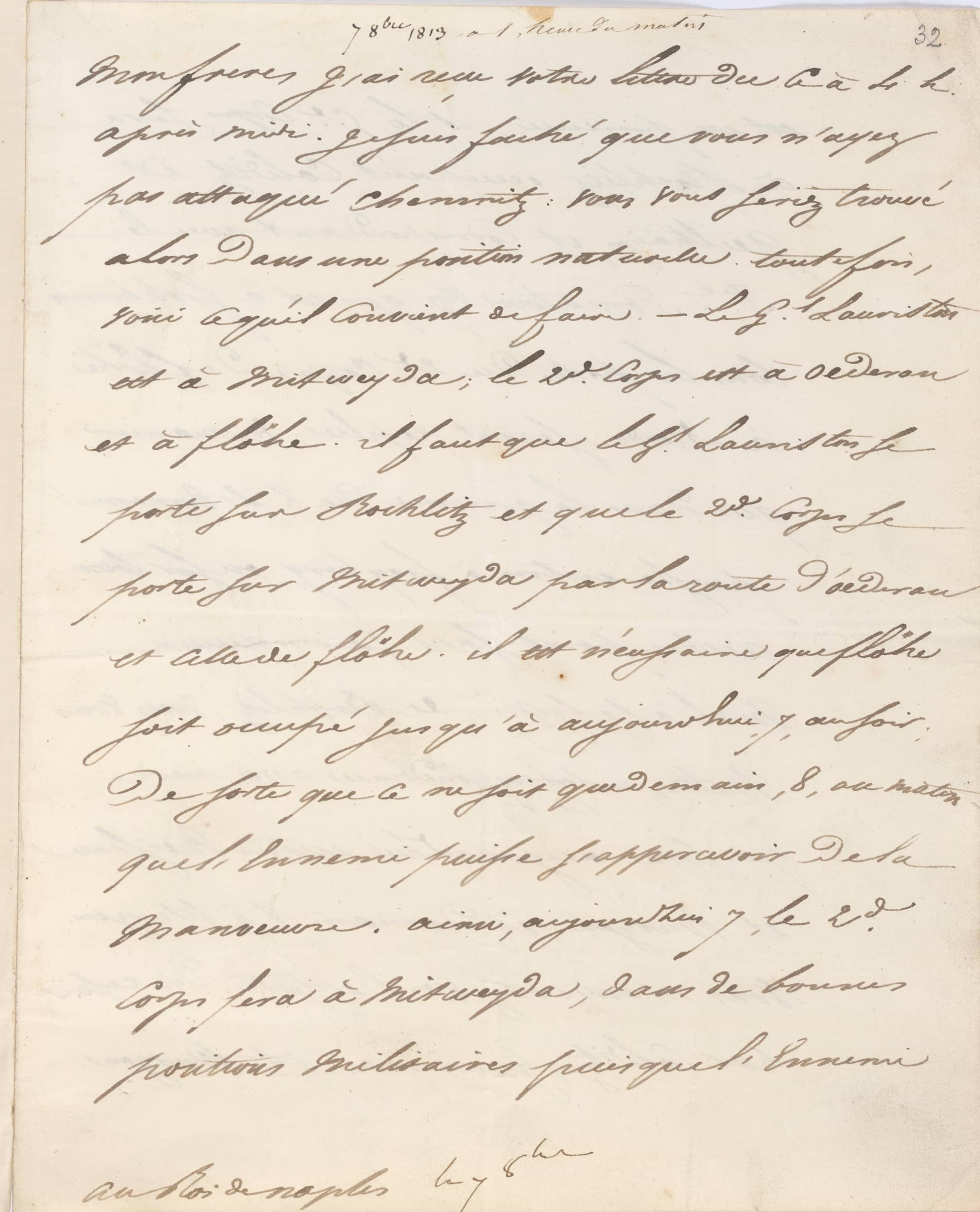 Ein Brief von Napoleon Bonaparte an Joachim Murat, den König von Neapel, aus dem Jahr 1813. Der Inhalt: militärische Anweisungen.