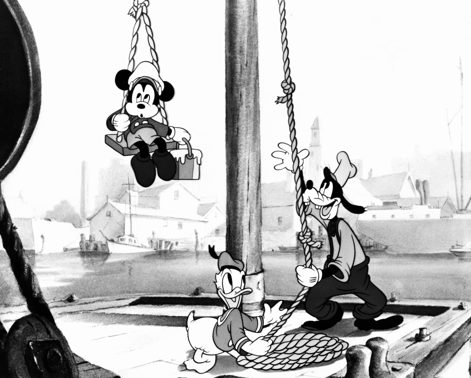 Mickey Mouse, Donald Duck und Goofy in einem Comic aus den 30er-Jahren.